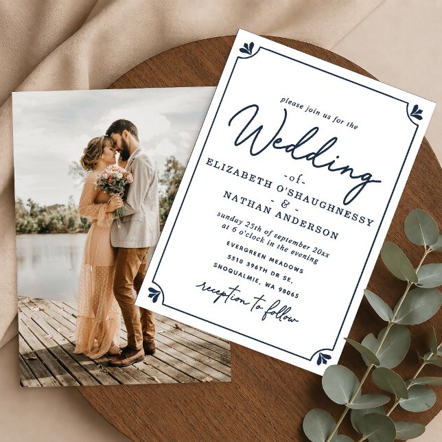 Invitation Mariage photo élégant écriture blanc et bleu (Créateur téléchargé)
