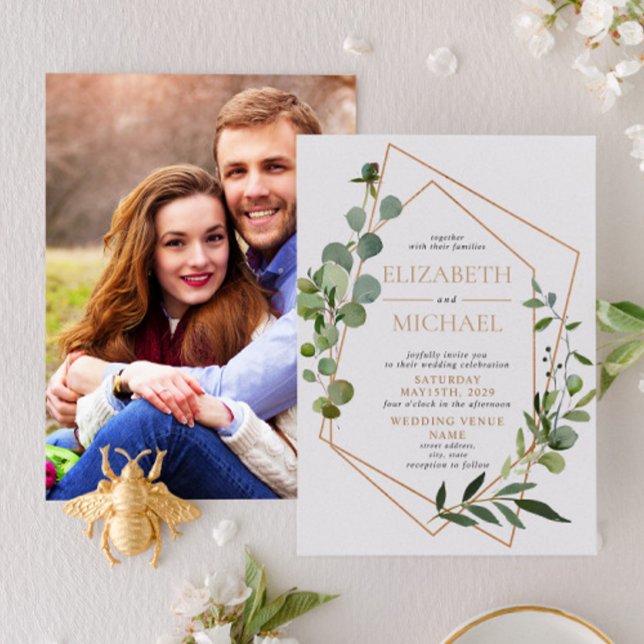 Invitation Mariage photo élégant Eucalyptus géométrique Cuivr (Créateur téléchargé)