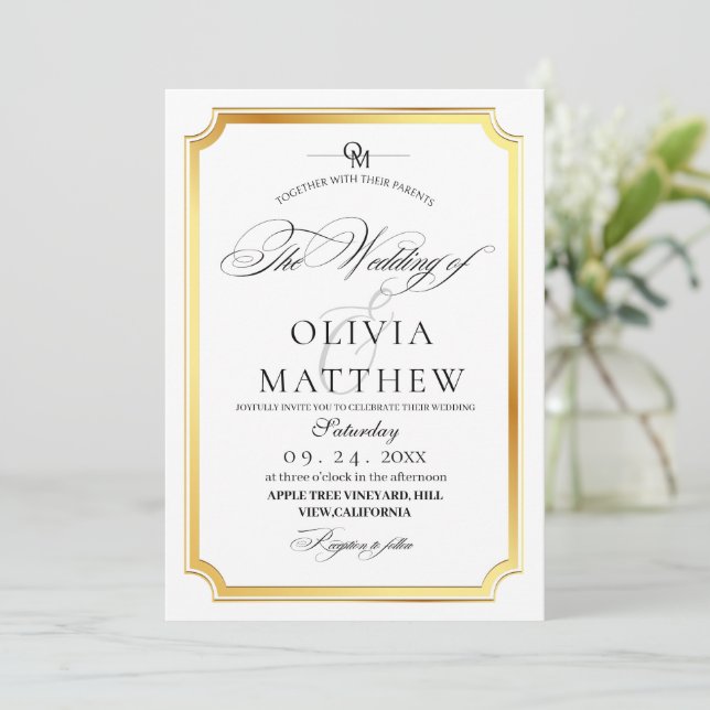 Invitation Mariage photo Elegant Gold et White Overlay (Debout devant)