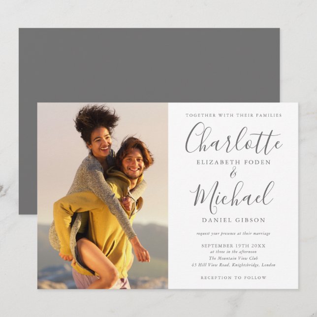 Invitation Mariage photo élégant gris signature script (Devant / Derrière)