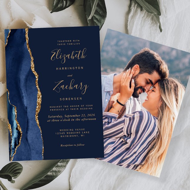 Invitation Mariage photo Elegant Marine Blue Gold Agate (Créateur téléchargé)