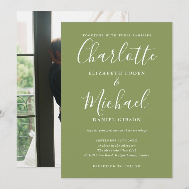 Invitation Mariage photo élégant moderne écriture vert mousse (Devant / Derrière)