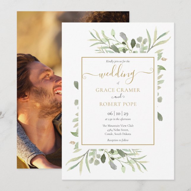 Invitation Mariage photo élégant or script verdure (Devant / Derrière)