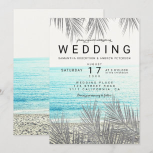 Invitation mariage photo élégante de plage de palmiers argent