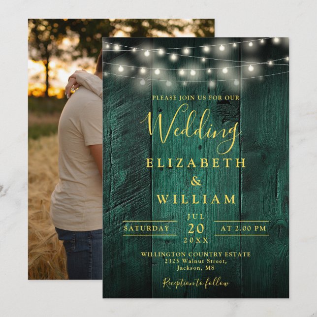 Invitation Mariage photo Emerald Green Wood String (Devant / Derrière)
