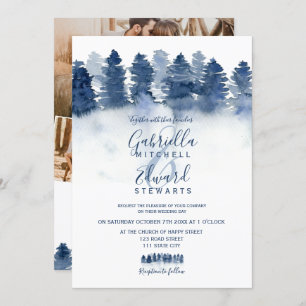 Invitation mariage photo en aquarelle de bois bleu d'hiver