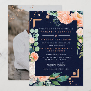 Invitation Mariage Photo en Aquarelle Fleurs Cuivre Marine Pê