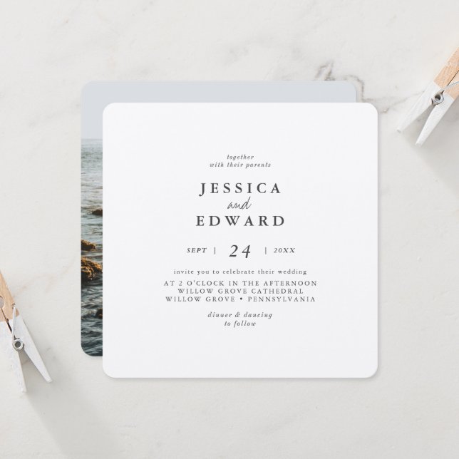 Invitation Mariage photo en argent métallique et noir (Devant/Arrière en situation)