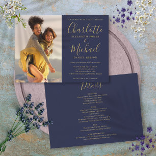 Invitation Mariage photo en bleu marine et en or Script tout
