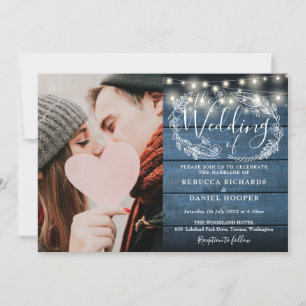 Invitation Mariage photo en bois rustique bleu