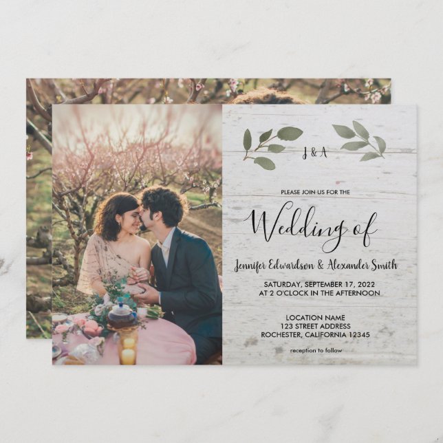 Invitation Mariage photo en bois rustique botanique (Devant / Derrière)