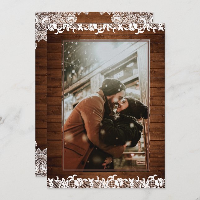 Invitation Mariage photo en bois rustique et dentelle blanche (Devant / Derrière)