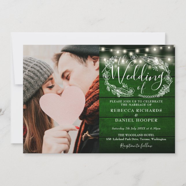 Invitation Mariage photo en bois vert rustique (Devant)