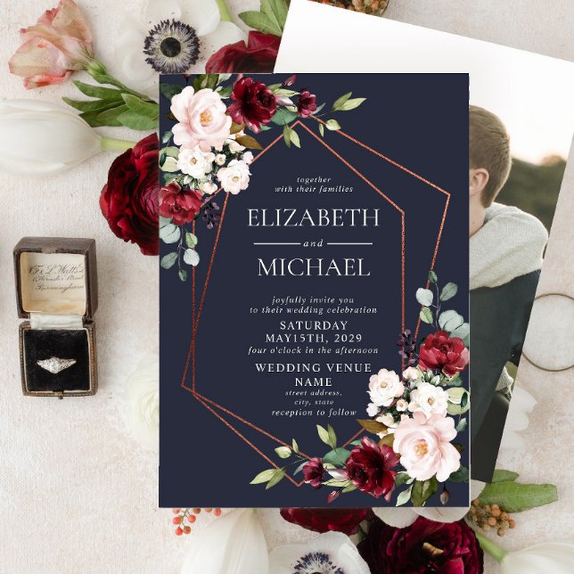 Invitation Mariage photo en cuivre géométrique bordeaux bleu (Créateur téléchargé)