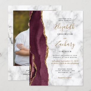 Invitation Mariage photo en marbre moderne or bourgogne