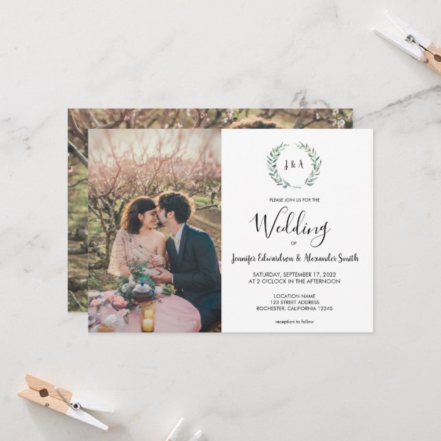 Invitation Mariage photo en monogramme feuille d'aquarelle bo (Devant/Arrière en situation)