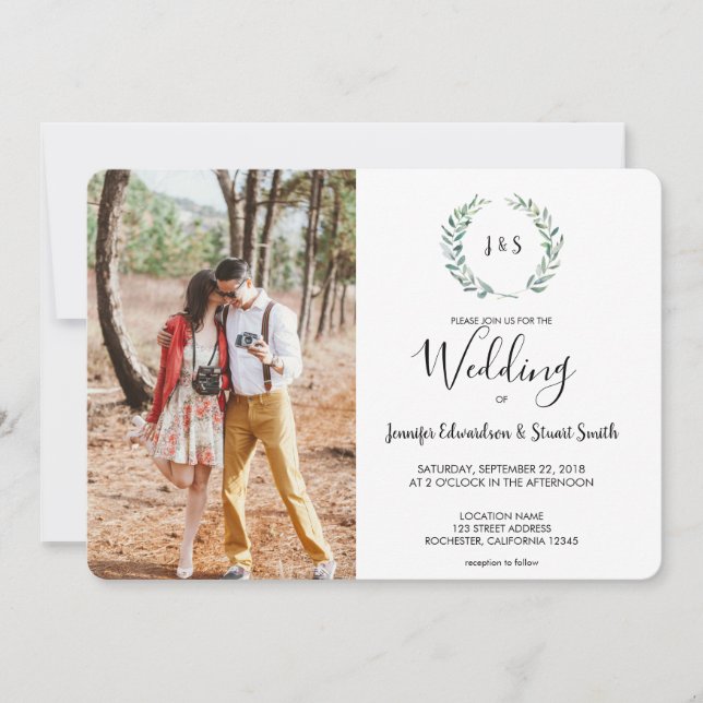 Invitation Mariage photo en monogramme feuille d'aquarelle bo (Devant)