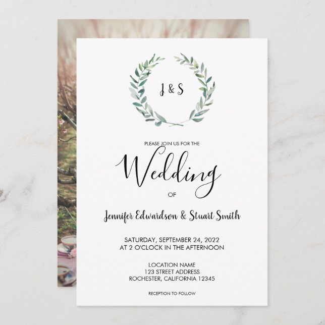 Invitation Mariage photo en monogramme feuille d'aquarelle bo (Devant / Derrière)