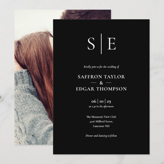 Invitation Mariage photo en monogramme noir et blanc (Devant / Derrière)