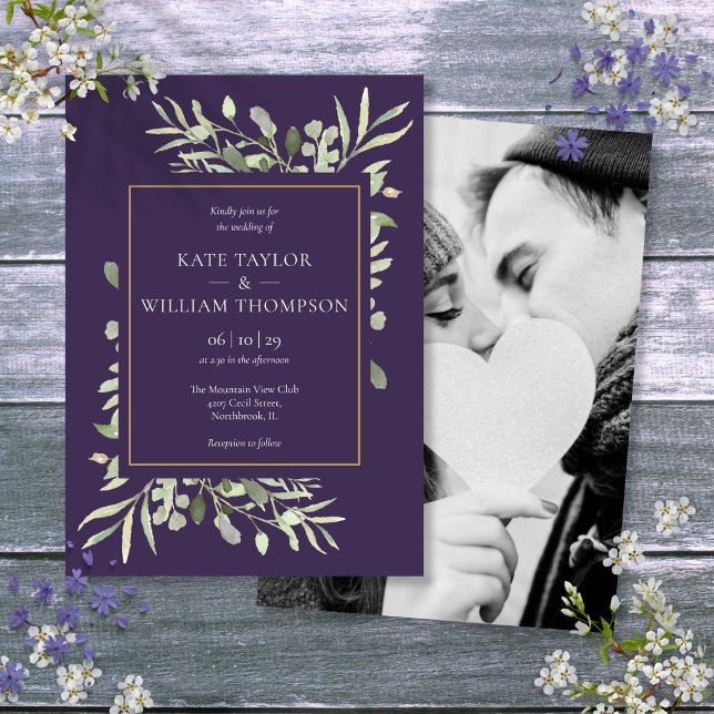Invitation Mariage photo en or violet Lavender Greenery (Purple Lavender Greenery Gold Photo Wedding Invitation)