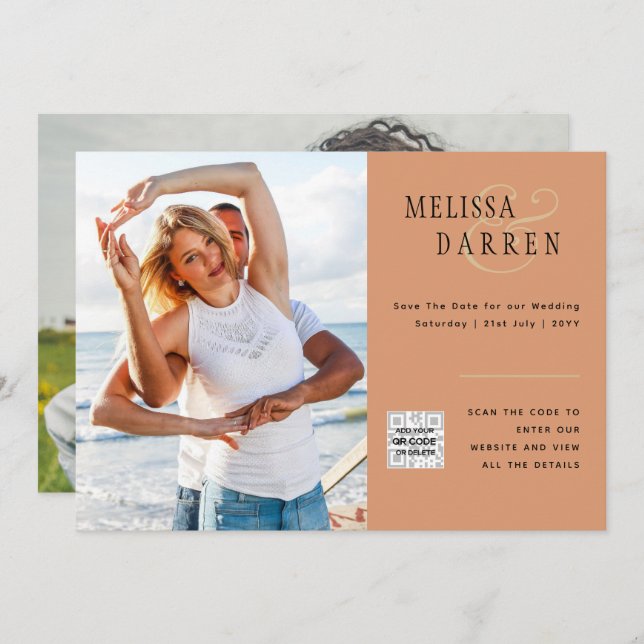 Invitation Mariage PHOTO EN Terracotta légère SAVE DATE QR CO (Devant / Derrière)