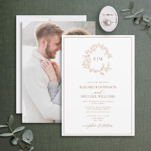 Invitation Mariage photo en terre cuite en poirier Monogramme