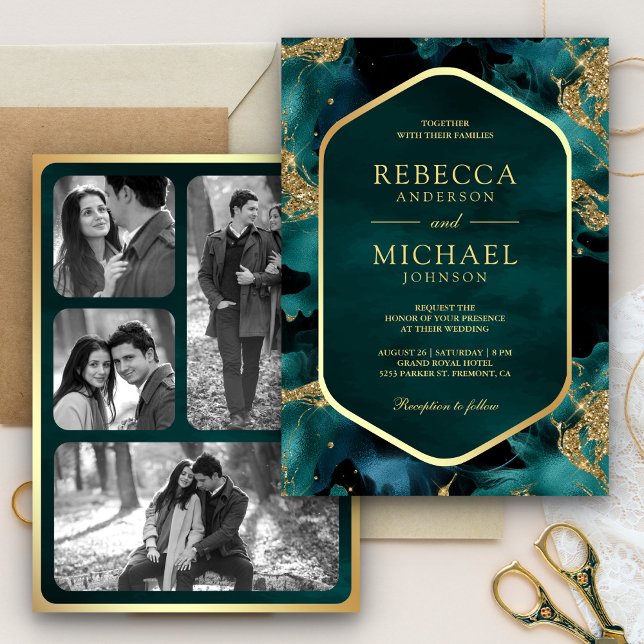 Invitation Mariage Photo Encre Fluide Abstraite Or Sarcelle (Créateur téléchargé)