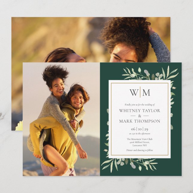 Invitation Mariage Photo Feuillage Monogramme Vert Emeraude (Devant / Derrière)