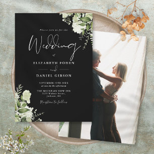 Invitation Mariage photo Feuille Black White Elegant Green