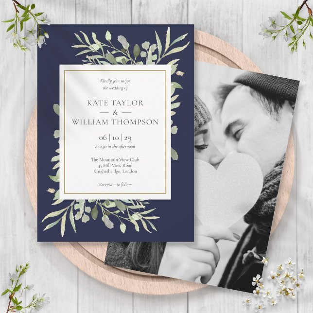 Invitation Mariage Photo Feuilles de verdure bleu marine  (Navy Blue Greenery Leaves Photo Wedding Invitation)