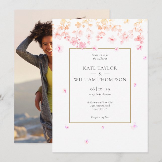 Invitation Mariage Photo Fleur de Pêcherie (Devant / Derrière)