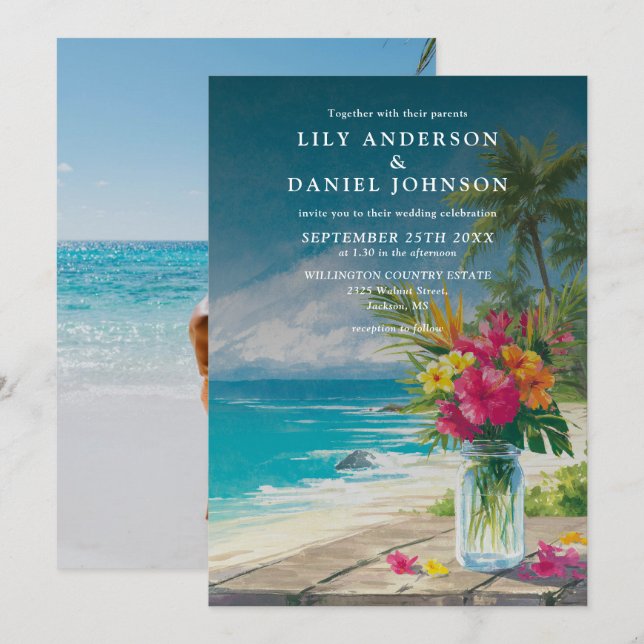 Invitation Mariage Photo Fleur Jar Mason de Plage Tropicale (Devant / Derrière)