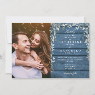 Invitation Mariage photo Fleur sauvage Blue Rustic Wood