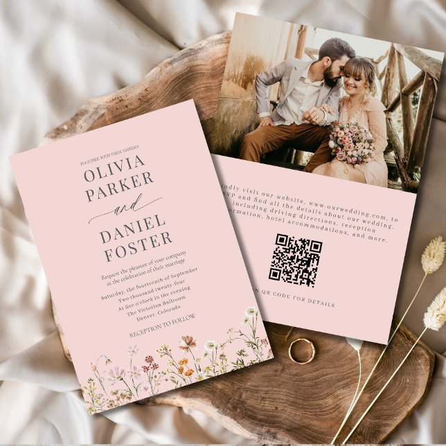 Invitation Mariage photo Fleur sauvage de code QR rose vif (Créateur téléchargé)