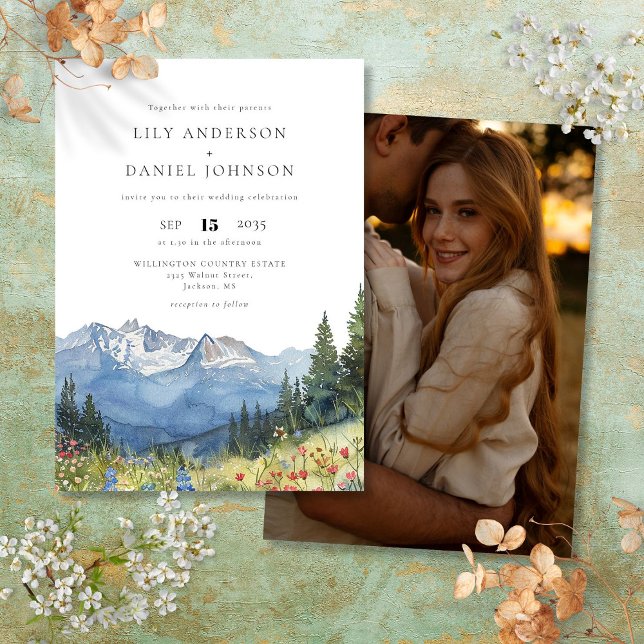 Invitation Mariage photo Fleur sauvage de Watercolor (Watercolor Mountain Wildflower Photo Wedding Invitation)
