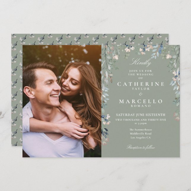 Invitation Mariage photo Fleur sauvage Sage Green (Devant / Derrière)