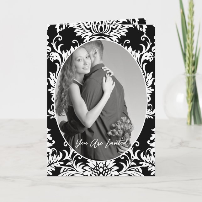 Invitation Mariage Photo Fleurale Noir & Blanc Bi-pliage (Devant)