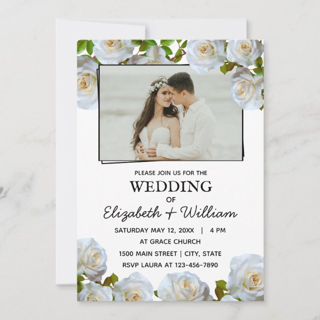 Invitation Mariage Photo Fleurs blanches romantiques Invitati (Devant)