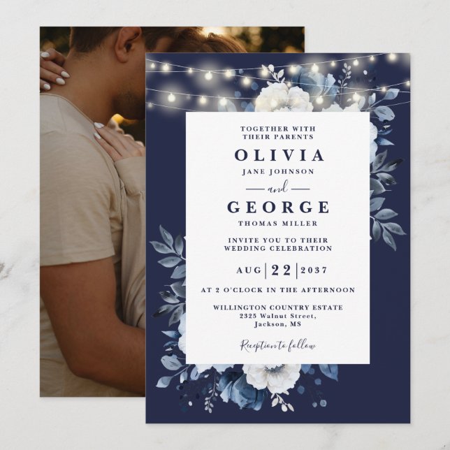 Invitation Mariage Photo Fleurs Guirlande Rustique Bleu Marin (Devant / Derrière)