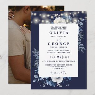Invitation Mariage Photo Fleurs Guirlande Rustique Bleu Marin
