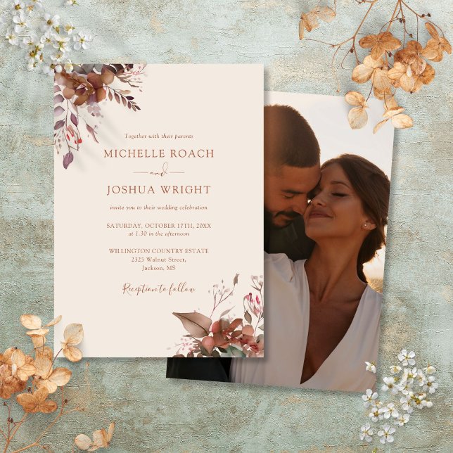 Invitation Mariage Photo Floral Automne Rustique (Rustic Autumn Fall Floral Photo Wedding Invitation)