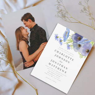 Invitation Mariage Photo Floral Bleu Aquarelle Élégant
