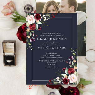 Invitation Mariage photo floral bleu bleu bordeaux bleu marin