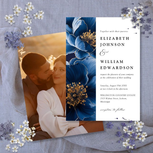 Invitation Mariage photo floral bleu et or de la marine moder (Modern Navy Blue And Gold Floral Photo Wedding Invitation)