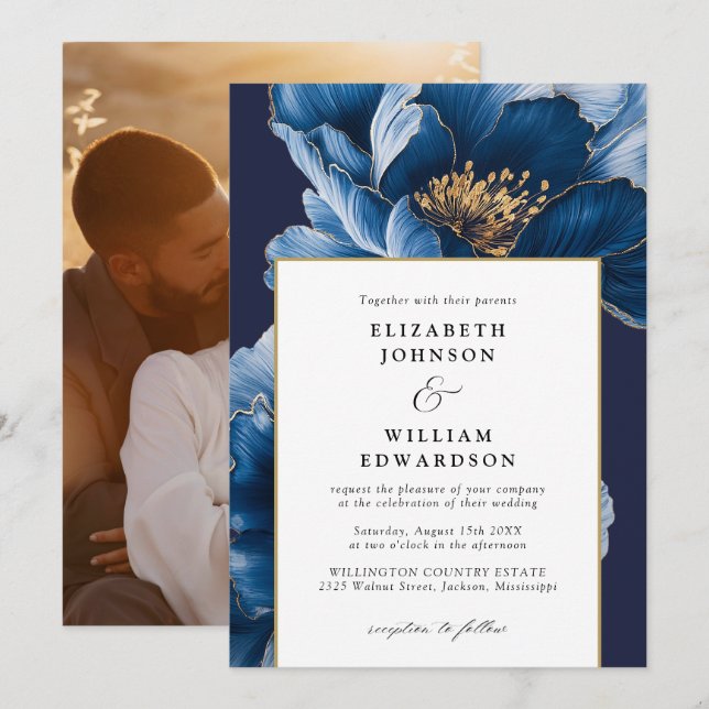 Invitation Mariage photo floral bleu et or de la marine moder (Devant / Derrière)