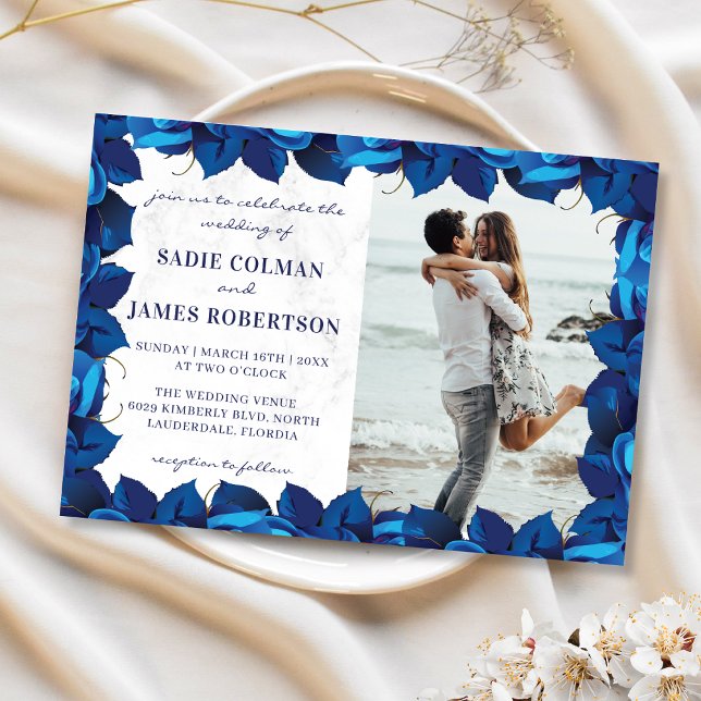 Invitation Mariage photo floral bleu marine et Marbre blanc (Créateur téléchargé)