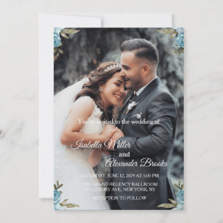 Invitation Mariage photo floral bleu poussiéreux