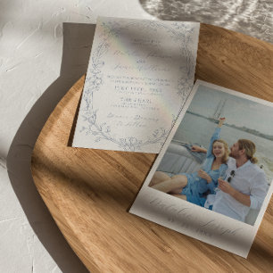 Invitation Mariage photo floral boho blanc bleu poussiéreux c