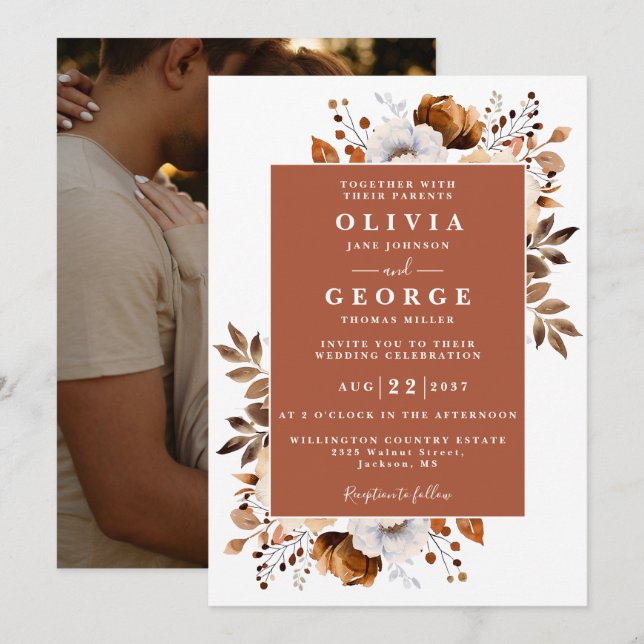 Invitation Mariage Photo Floral Botanique Rustique Terracotta (Devant / Derrière)