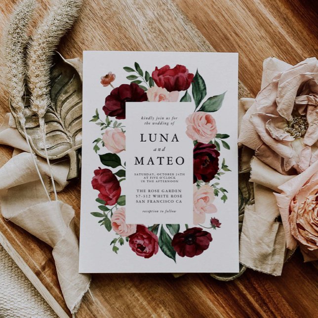 Invitation Mariage photo floral Bourgogne et bleu (Créateur téléchargé)